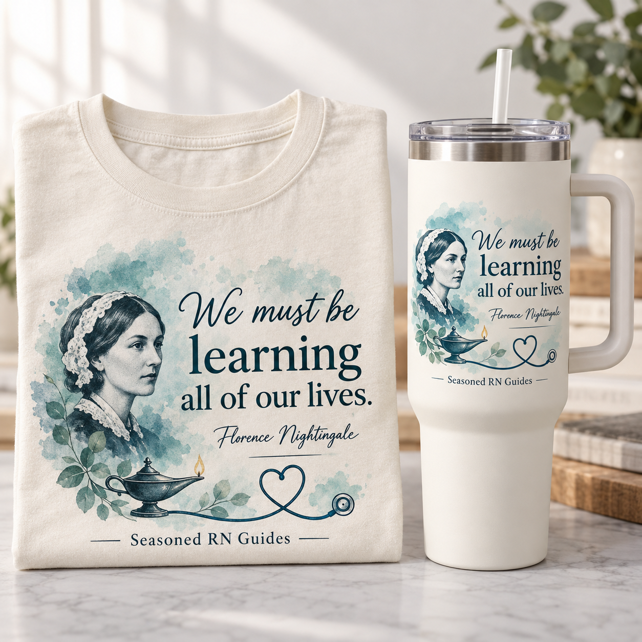 Mockup of a Seasoned RN Guides Florence Nightingale shirt and tumbler