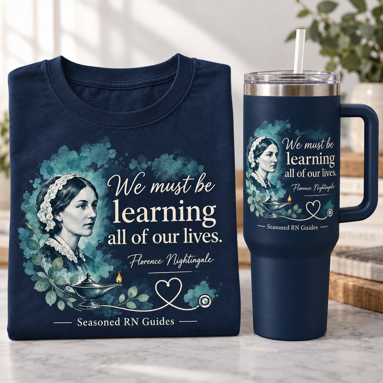 Deep navy Florence Nightingale T-shirt and matching tumbler with teal watercolor details and the quote We must be learning all of our lives.