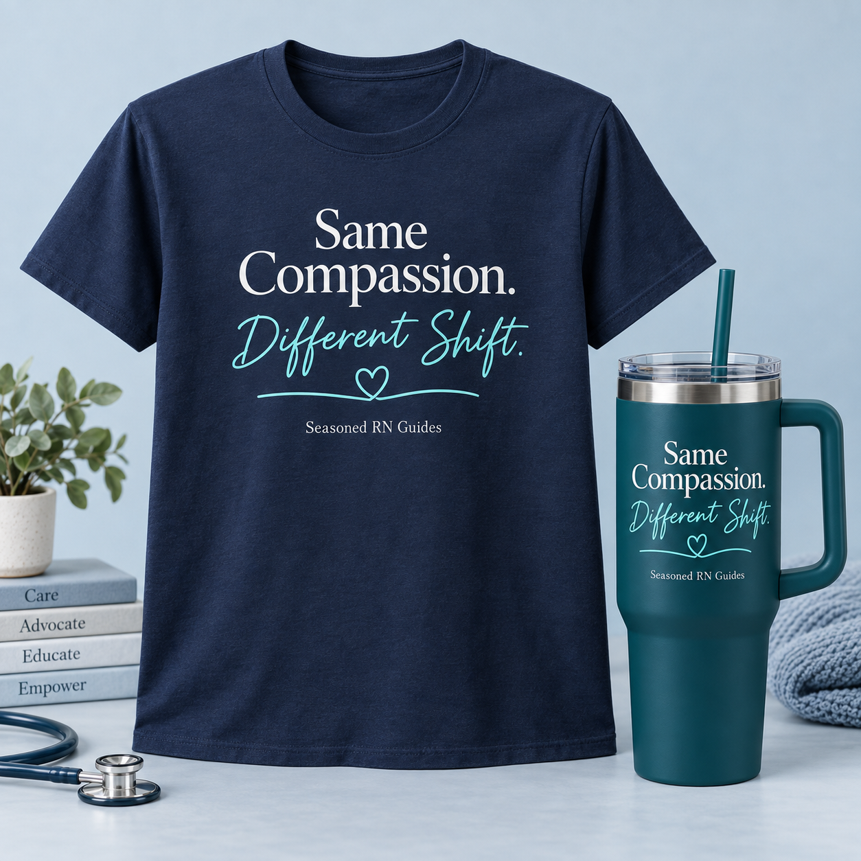 Navy T-shirt and teal handled tumbler with Same Compassion. Different Shift. and Seasoned RN Guides branding